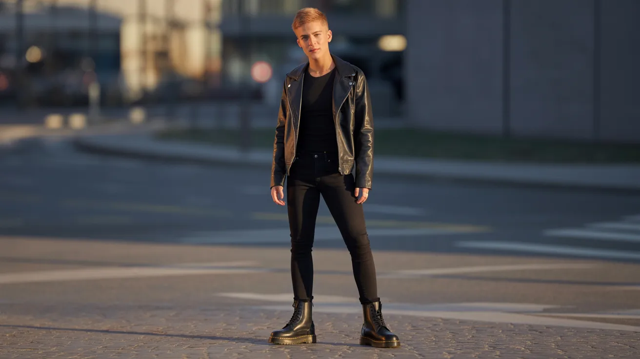 A young woman in a black leather jacket stands confidently on a city street, surrounded by urban scenery.