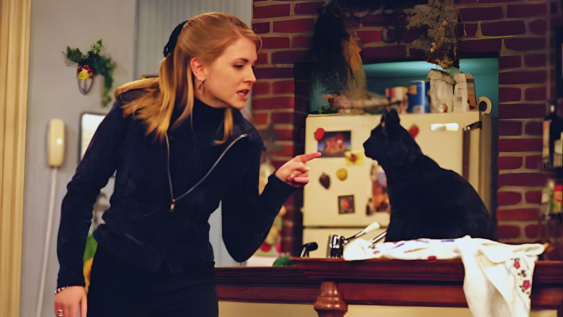 A woman with blonde hair sternly points at a black cat sitting on a kitchen counter. The background shows a brick wall and a fridge, conveying a domestic setting.