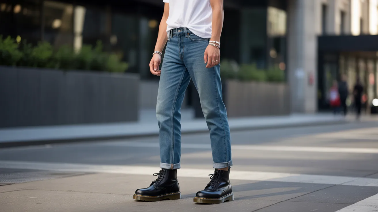 A woman in a white t-shirt and jeans stands on a city street, looking confidently at the camera.
