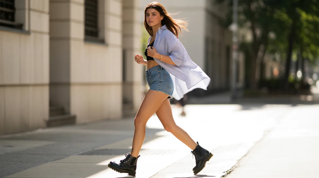 A woman wearing shorts and a shirt is running outdoors, showcasing an active lifestyle.