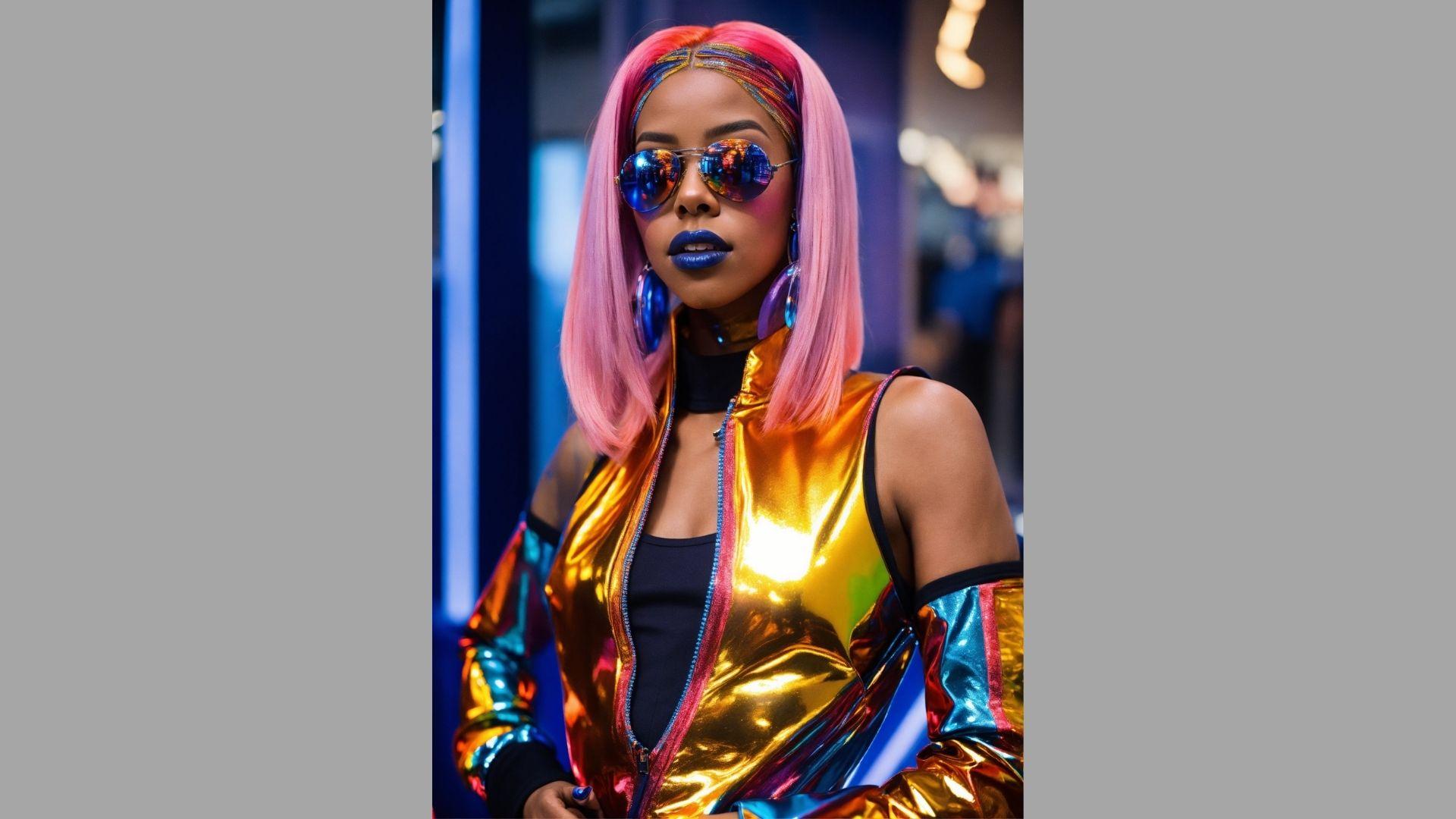 . A woman with vibrant pink hair wearing stylish sunglasses, smiling against a bright outdoor background.