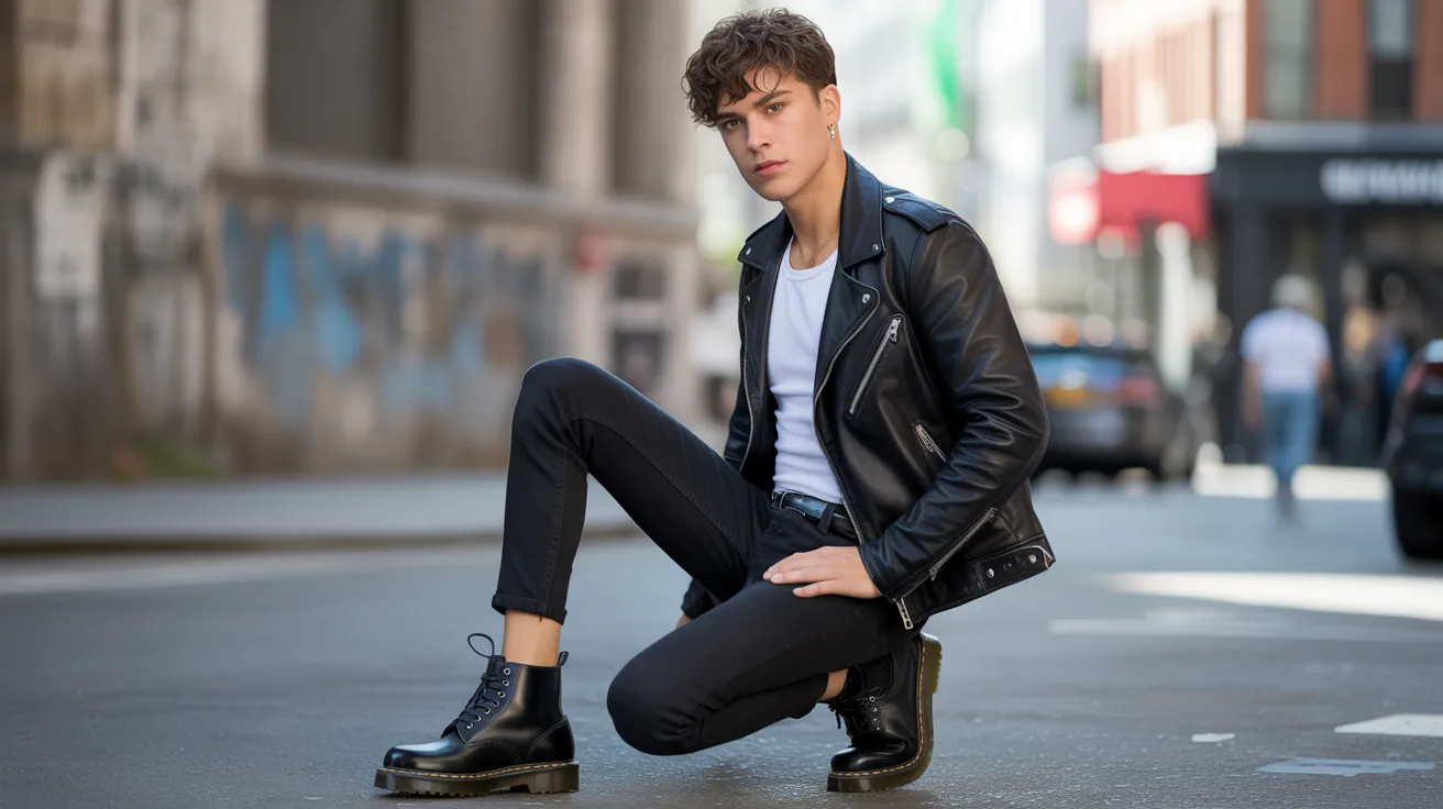 A young man in a leather jacket and jeans sits casually on the street, looking relaxed and contemplative.