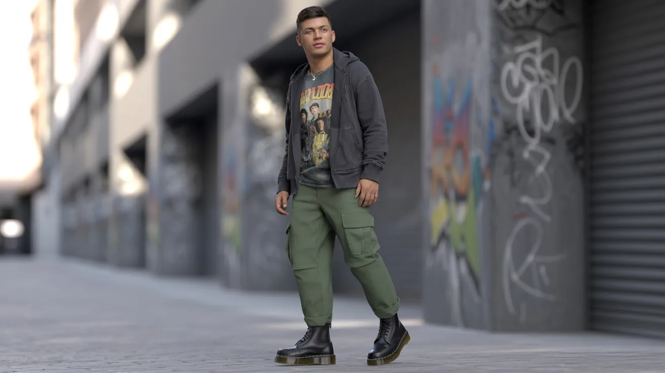 man wearing a hoodie and green pants walks down the street, surrounded by urban scenery.