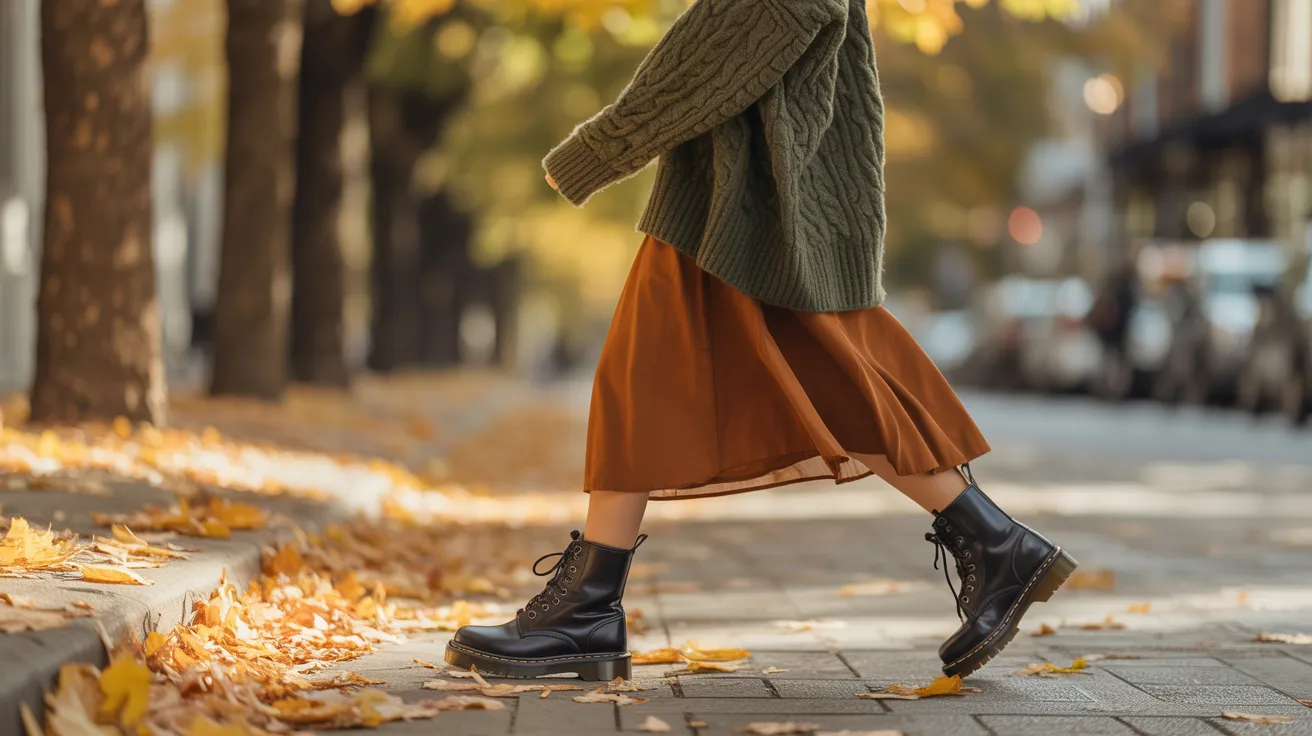 A woman in a green sweater and skirt walks down a city street, surrounded by buildings and trees.