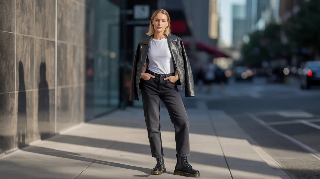 A woman in black pants and a white shirt stands on a bustling city street, surrounded by urban scenery.t