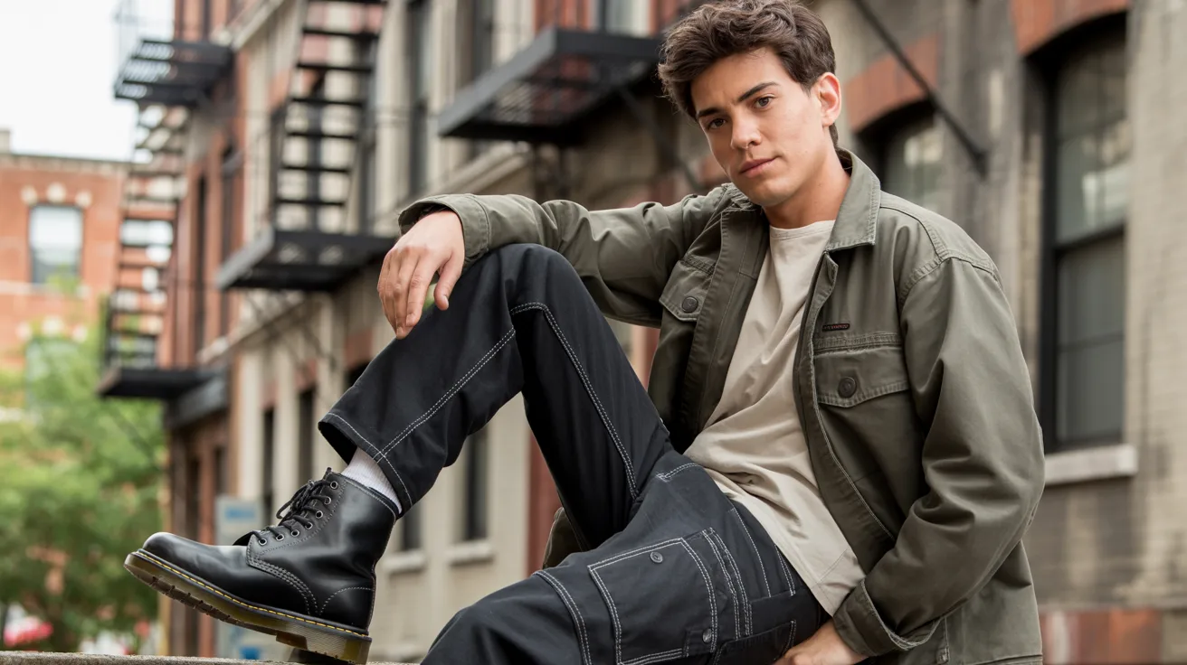 A young man perched on a ledge with city buildings in the background.