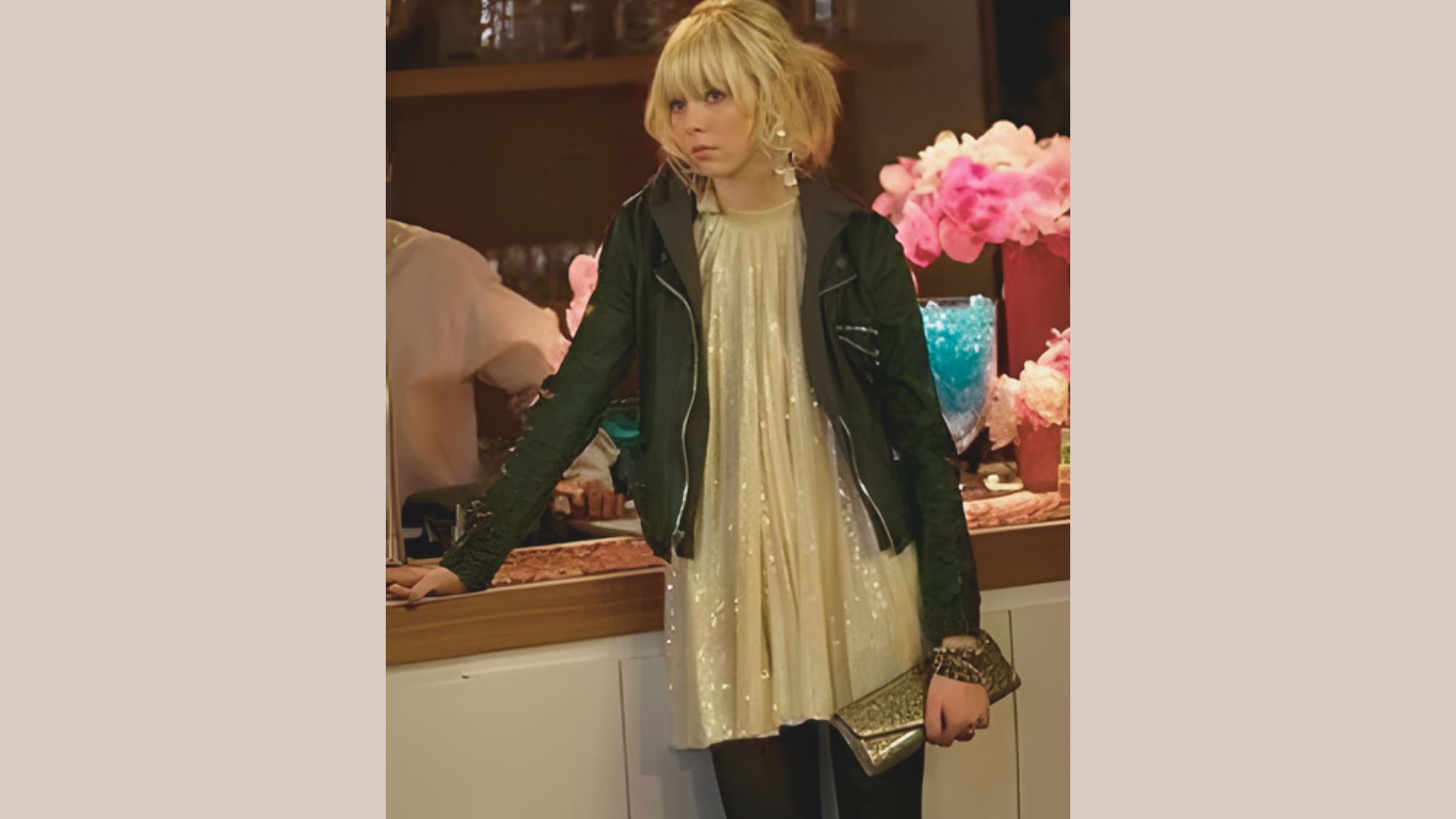 Gold Babydoll Dress With a Leather Jacket