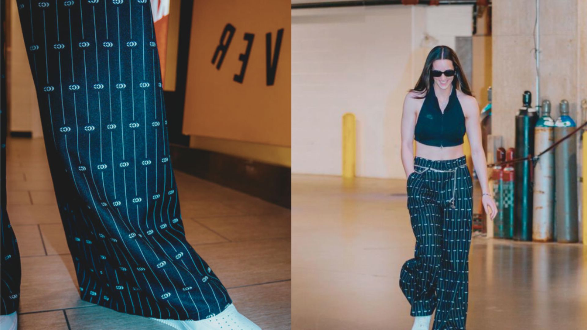 A woman in a stylish outfit walks confidently in a hallway. She wears a black halter top, pinstripe pants, white shoes, and sunglasses, conveying a chic and modern vibe.