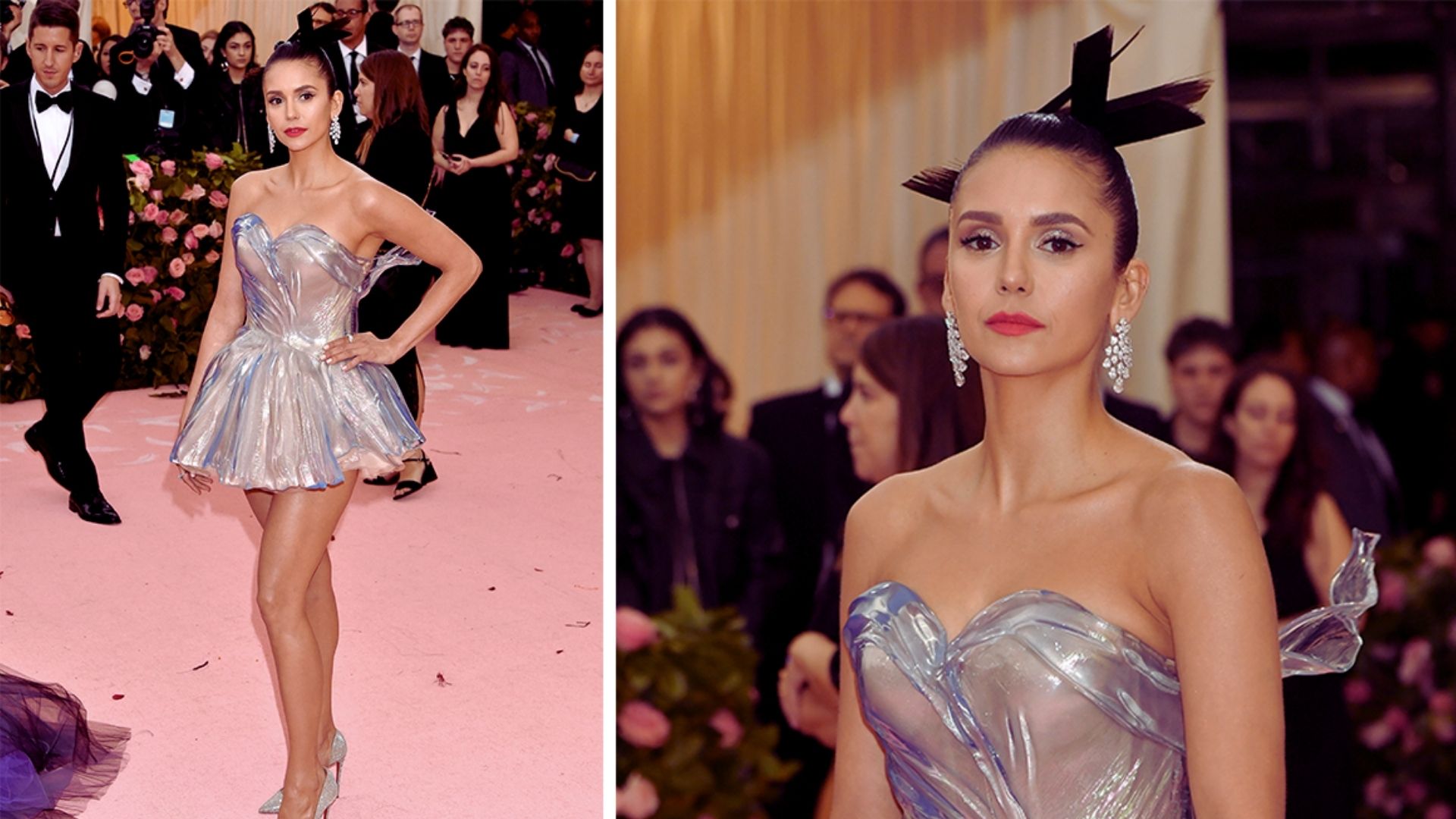 A collage of two images showing Nina Dobrev wearing a striking glass dress at the 2019 Met Gala red carpet.