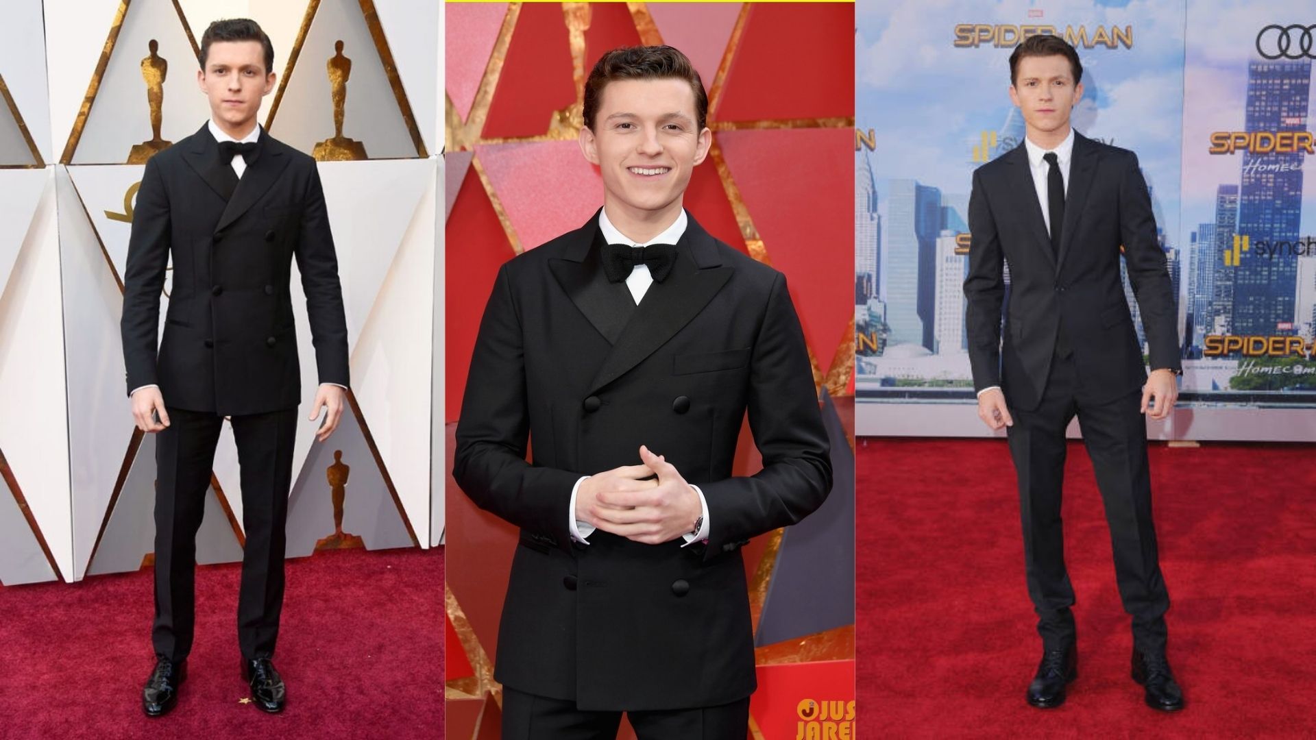 Tom Holland wearing a patterned statement tuxedo at the Oscars, posing confidently on the red carpet.
