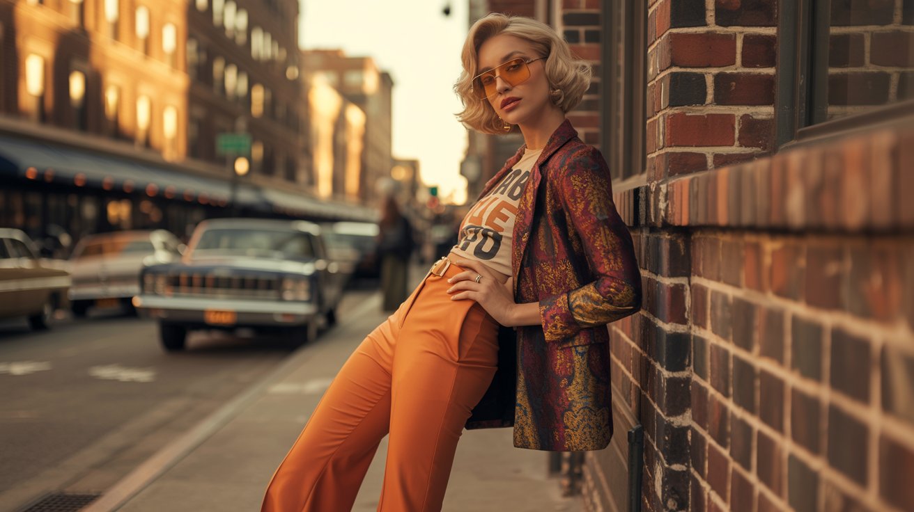A woman in orange pants leans against a brick wall, embodying a retro-inspired fashion aesthetic.