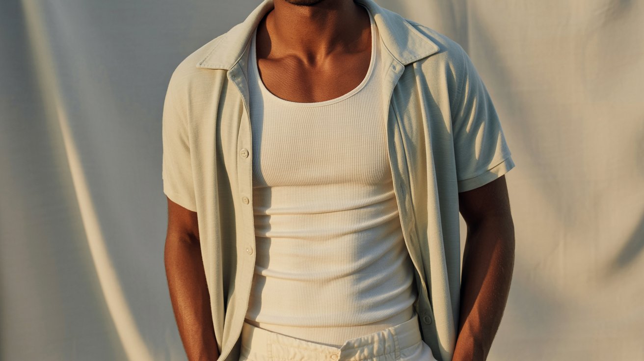 A man wearing a white polo shirt and shorts stands casually outdoors.
