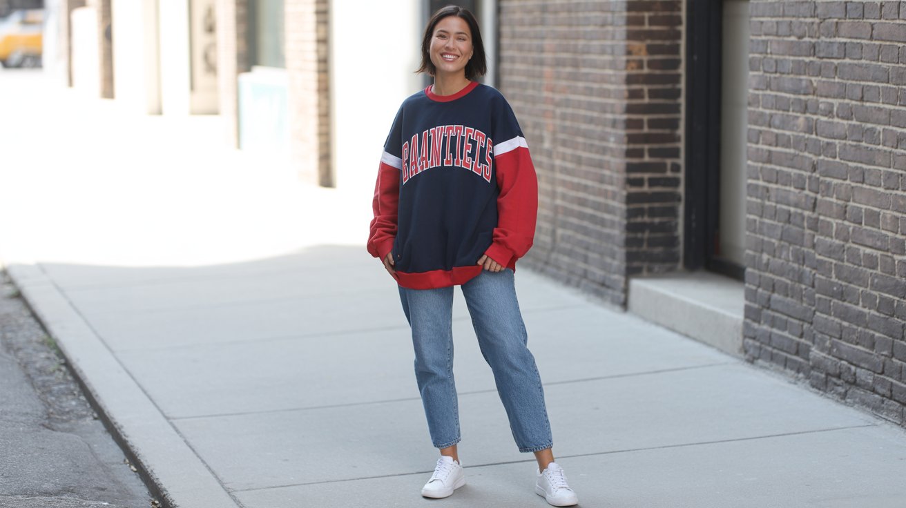A woman in a red and blue sweatshirt paired with jeans stands confidently, showcasing a casual and stylish look.