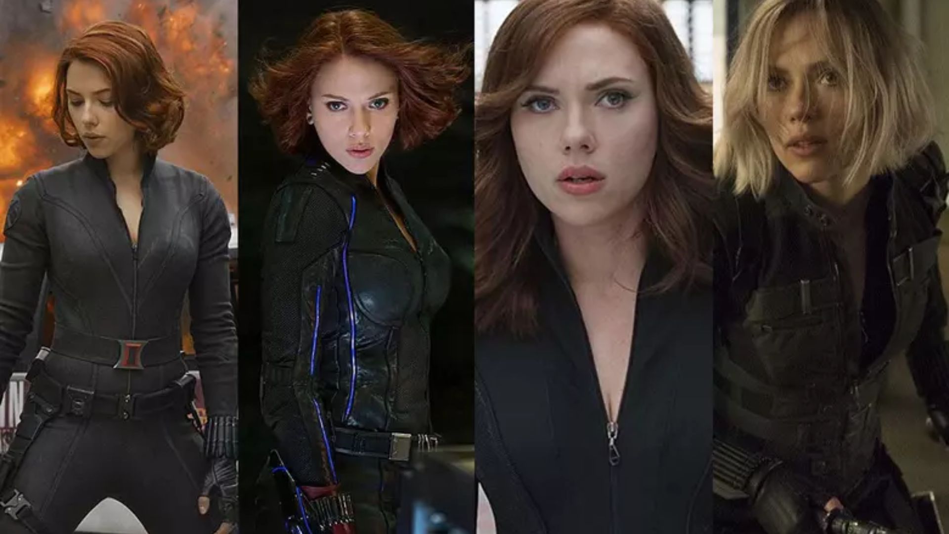 Avengers Endgame characters in dynamic poses, featuring Scarlett Johansson in her Black Widow outfit.