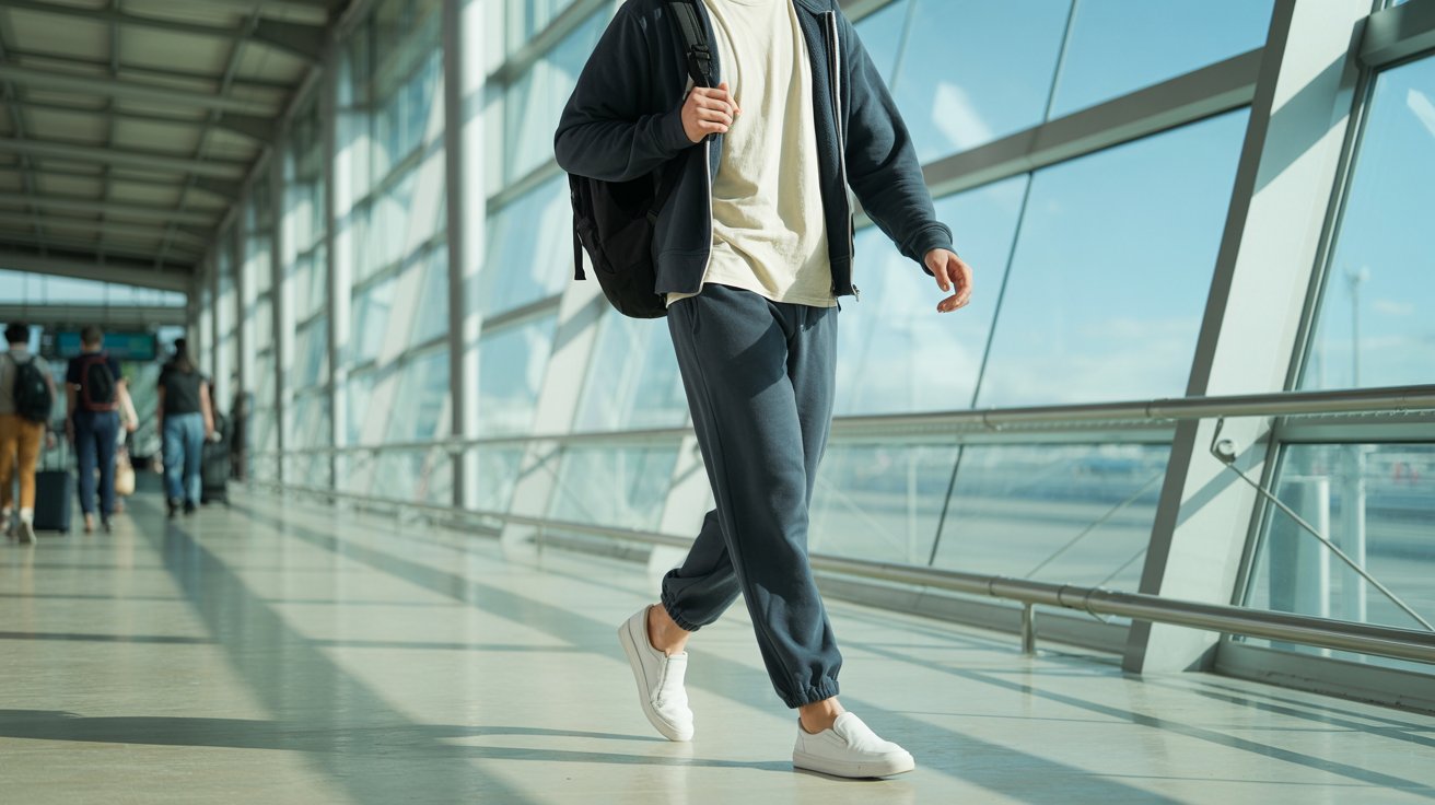 A man walking through an airport terminal, carrying a suitcase and looking at his phone.
