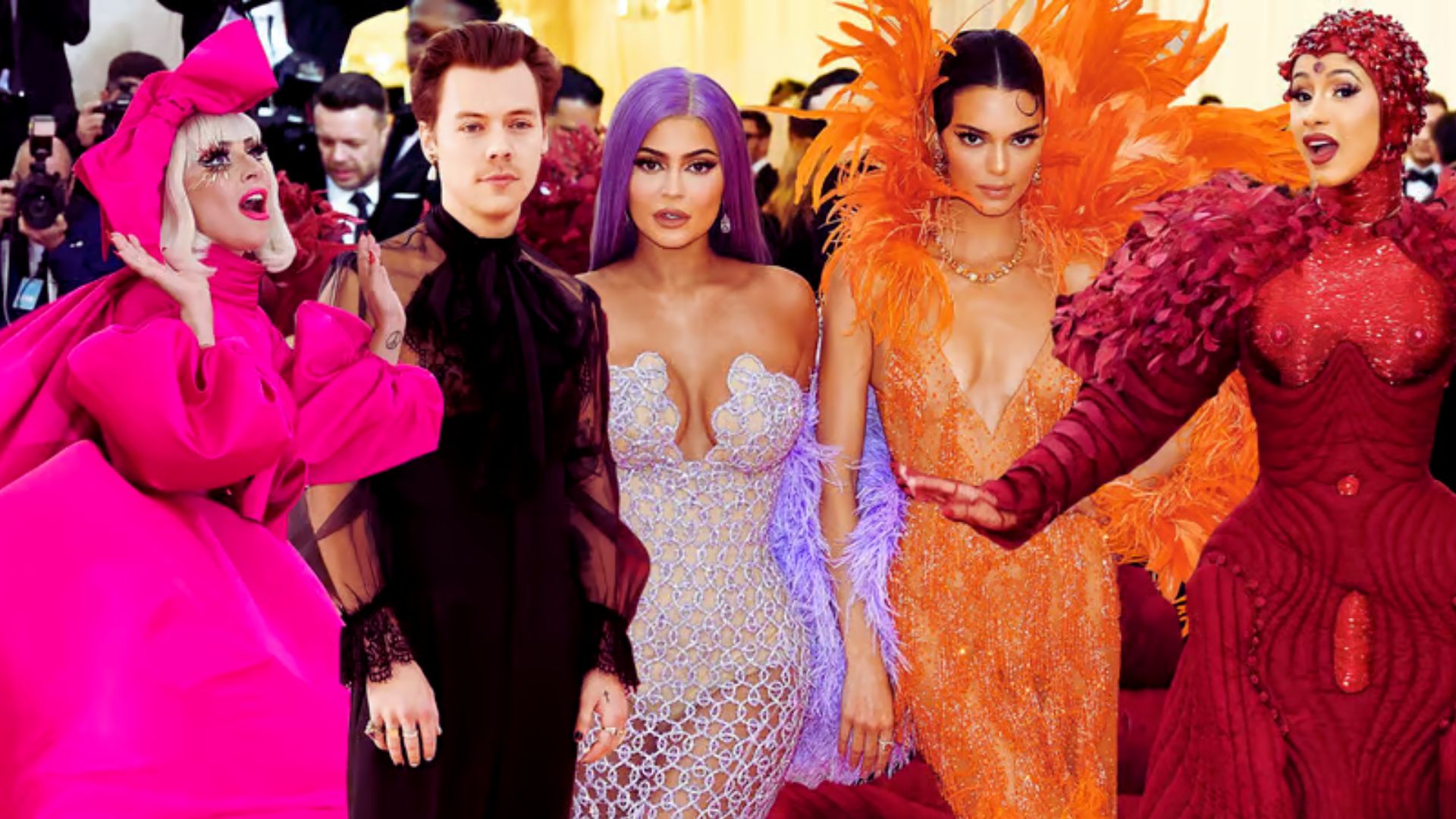 Met Gala 2019 red carpet showcasing diverse maximalist outfits worn by celebrities in vibrant colors and bold designs.