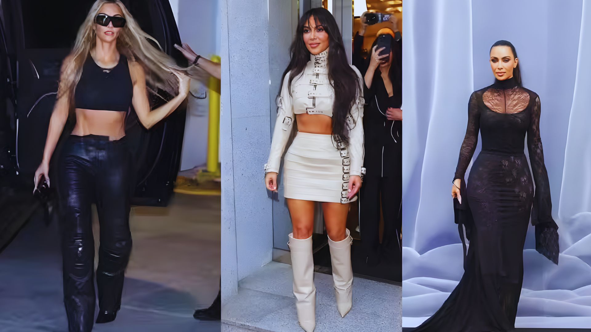 Kim Kardashian posing confidently, wearing stylish attire and showcasing her signature makeup look.