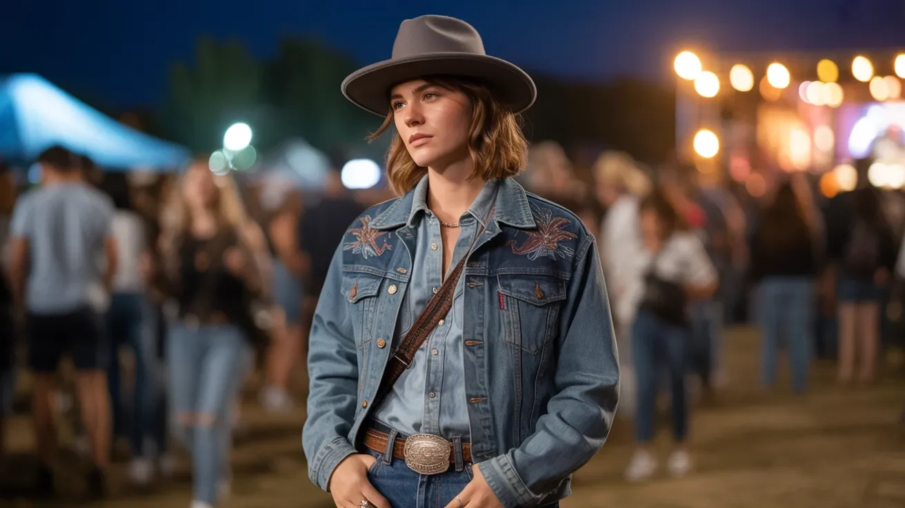 A girl dressed up in cowboy inspired look, posing at a concert venue.
