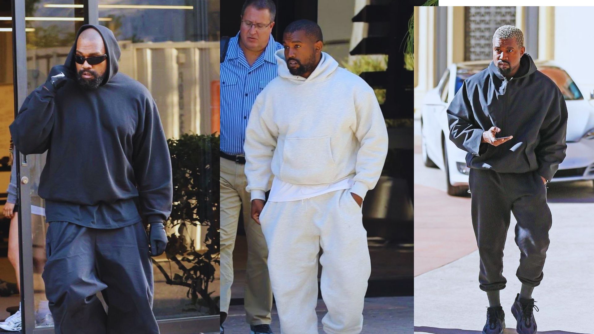 Kanye West showcases a '90s-inspired look, featuring bold fashion choices and retro accessories.