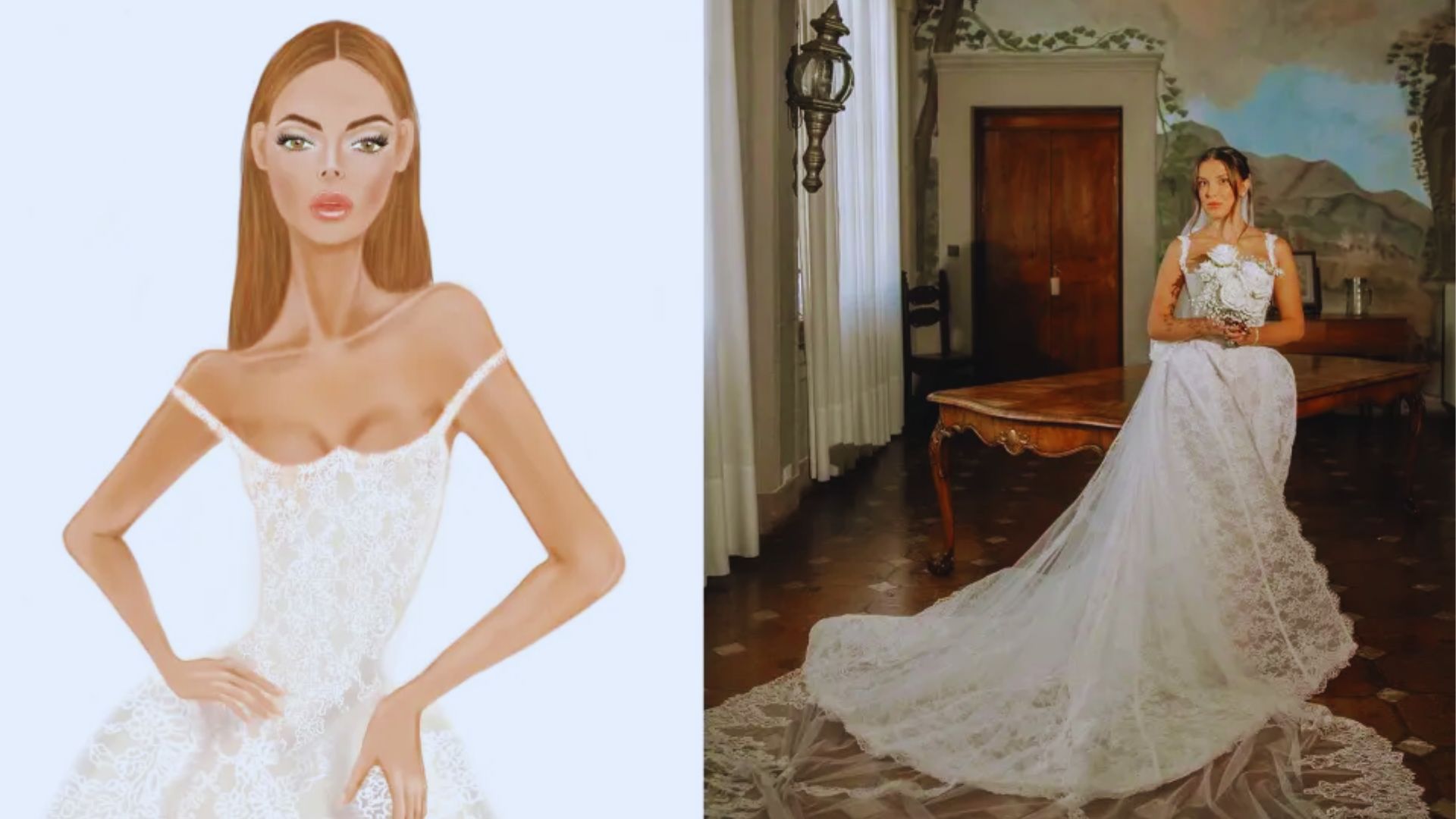 A bride in a wedding dress poses next to an artistic drawing of herself, highlighting her beauty and the dress's details.