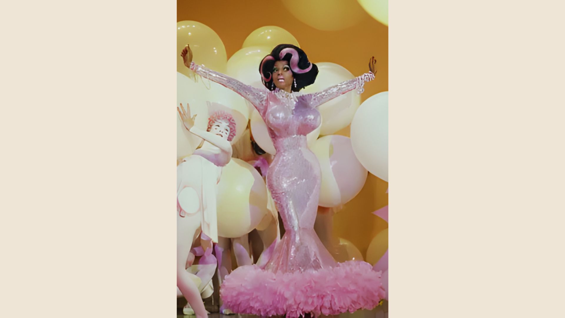 2. A woman wearing a pink dress poses next to a cluster of vibrant balloons, exuding a cheerful atmosphere.