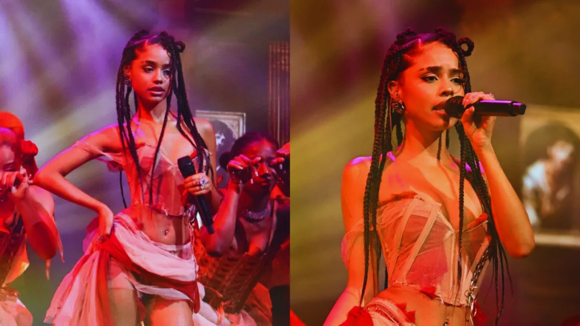 1. Two images of a woman with dreadlocks performing on stage, showcasing her dynamic presence and engagement with the audience.