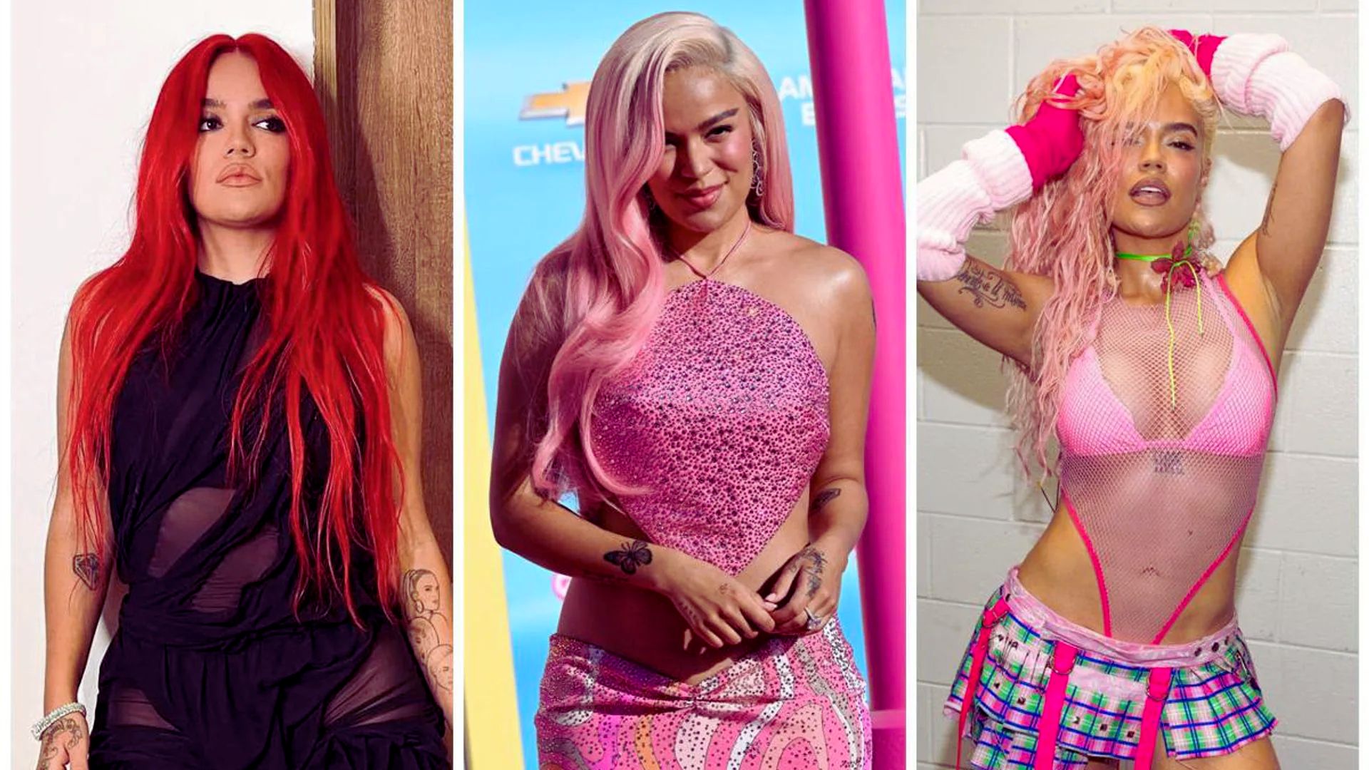 Four images of women showcasing various styles of pink hair, each with unique expressions and backgrounds.