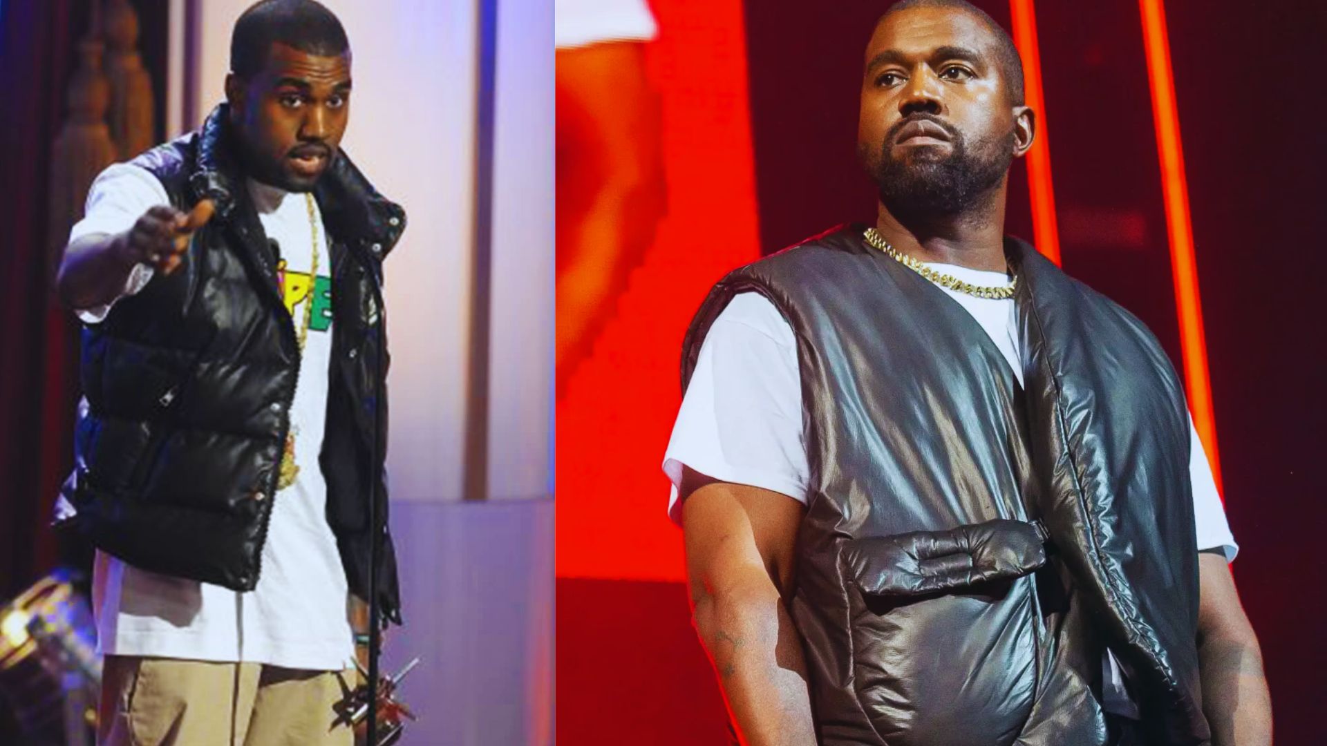 Kanye West posing with a cardboard cutout of himself, both showcasing his signature fashion style and confident demeanor.
