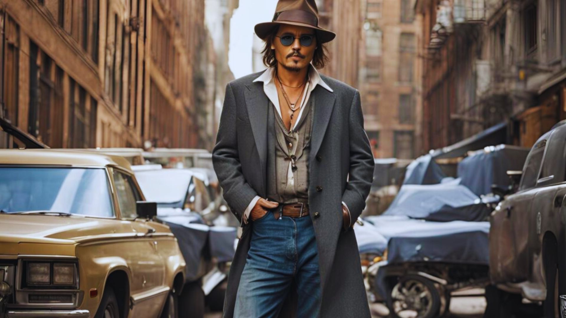 2. Johnny Depp in a stylish hat and coat, strolling through a lively urban street scene.
