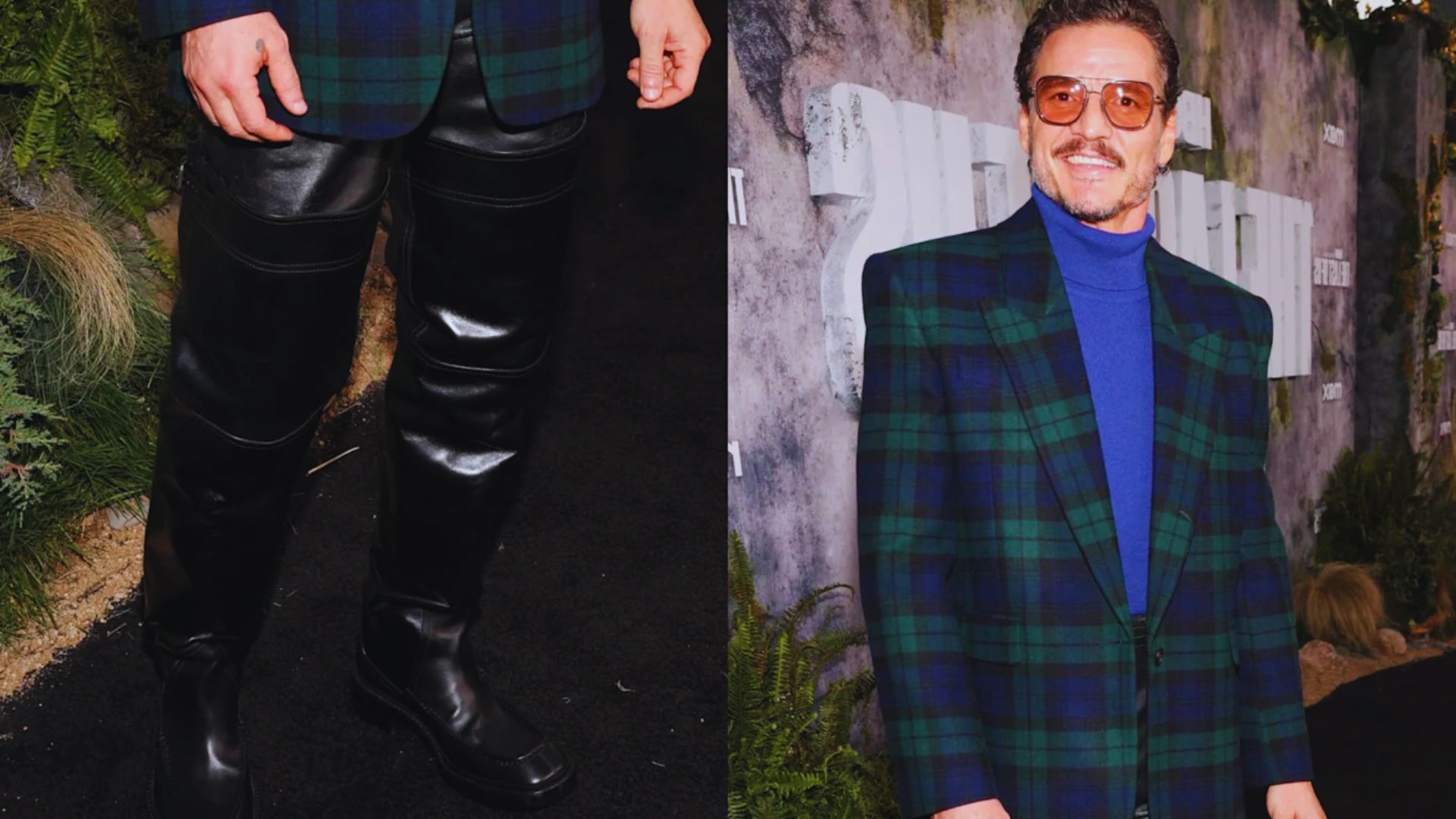 A man wearing a plaid suit paired with black leather pants, showcasing a stylish and bold fashion choice.