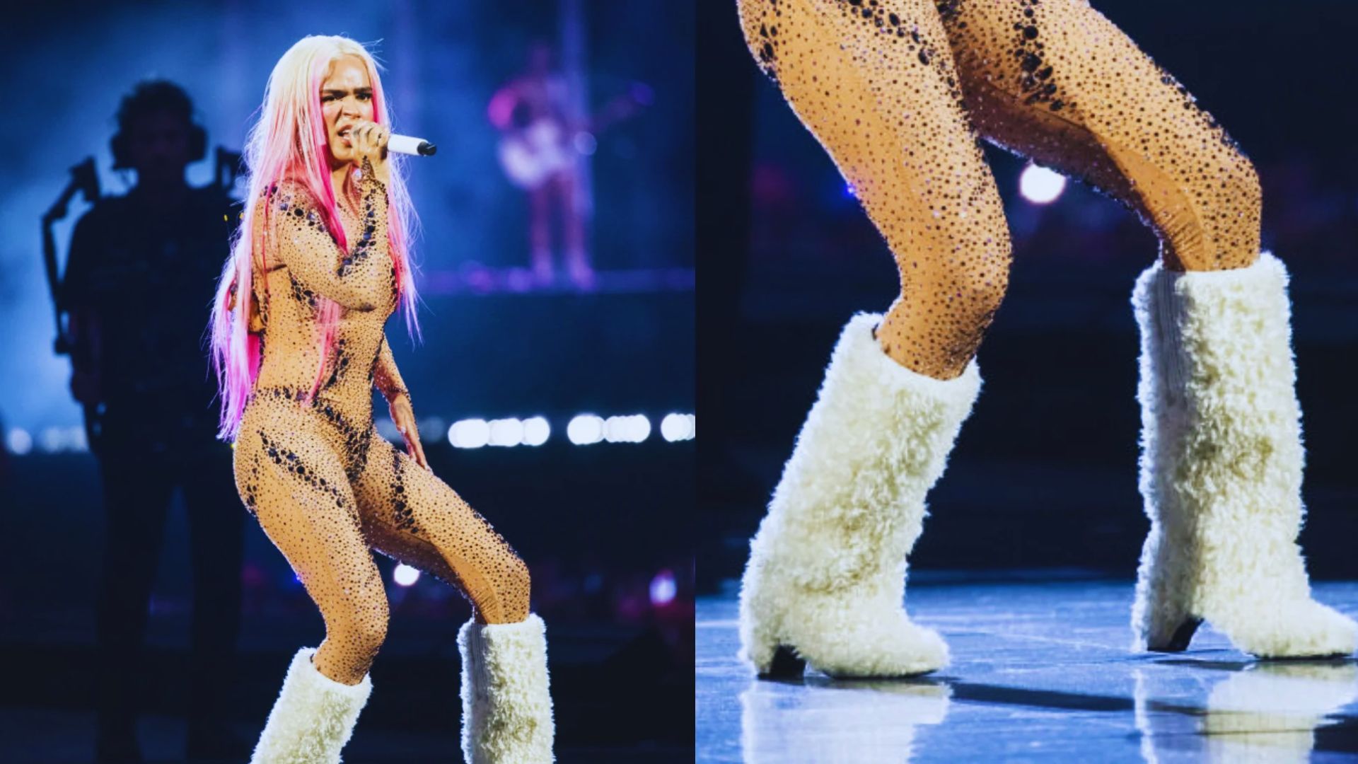 Lady Gaga performs energetically at the Super Bowl halftime show, captivating the audience with her dynamic stage presence.