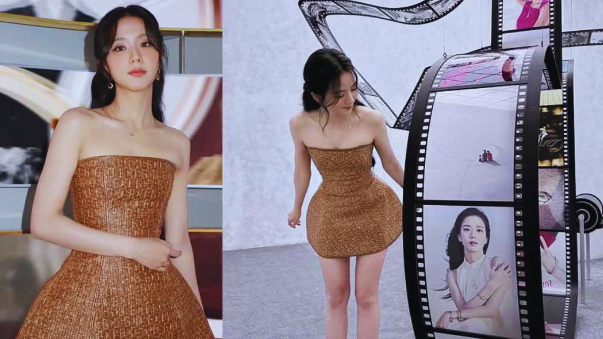 1. A woman in a brown dress stands beside a large film reel, showcasing a vintage film setting.