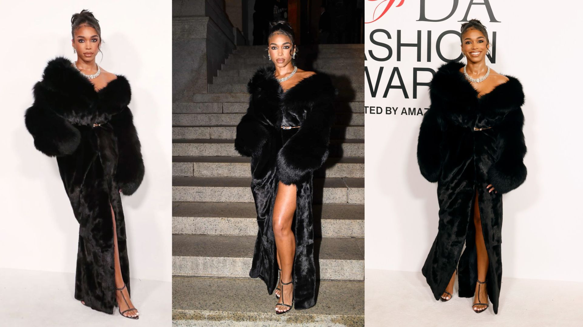 Models showcase elegant black fur coats paired with stylish black dresses on a runway.