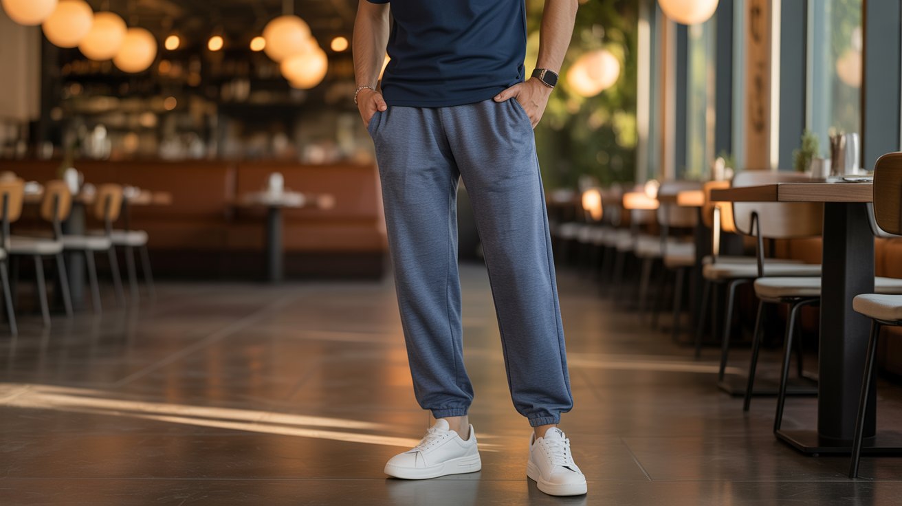 A man stands in a restaurant, dressed in blue sweatpants, with a casual demeanor and a relaxed posture.