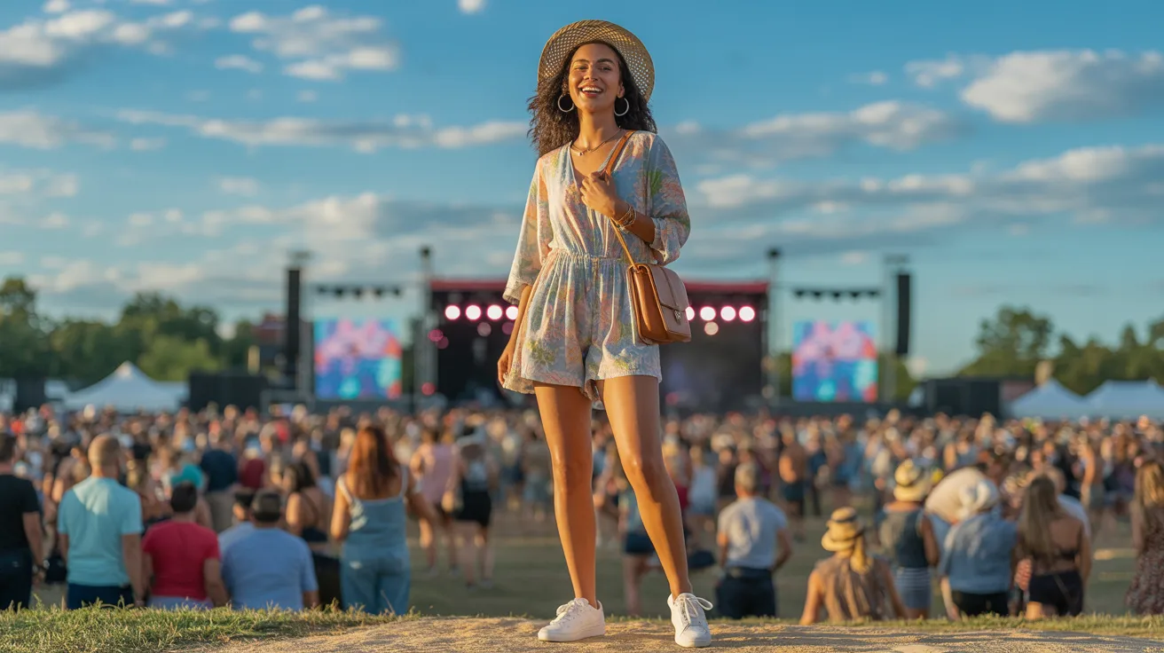A woman wearing a hat and shorts stands on a dirt field at a lively music festival.