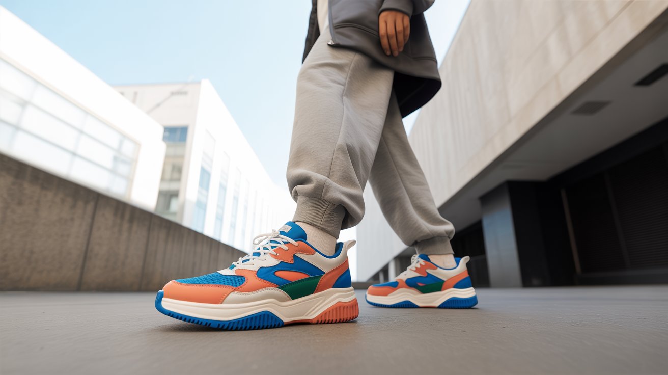 A person stands on a sidewalk, showcasing vibrant, colorful sneakers against a neutral background.