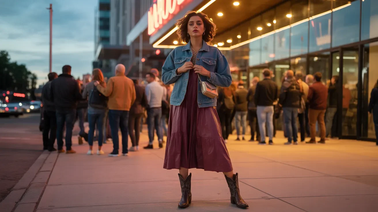 A woman in a purple dress stands confidently in front of a theater, showcasing her elegant style against the backdrop.