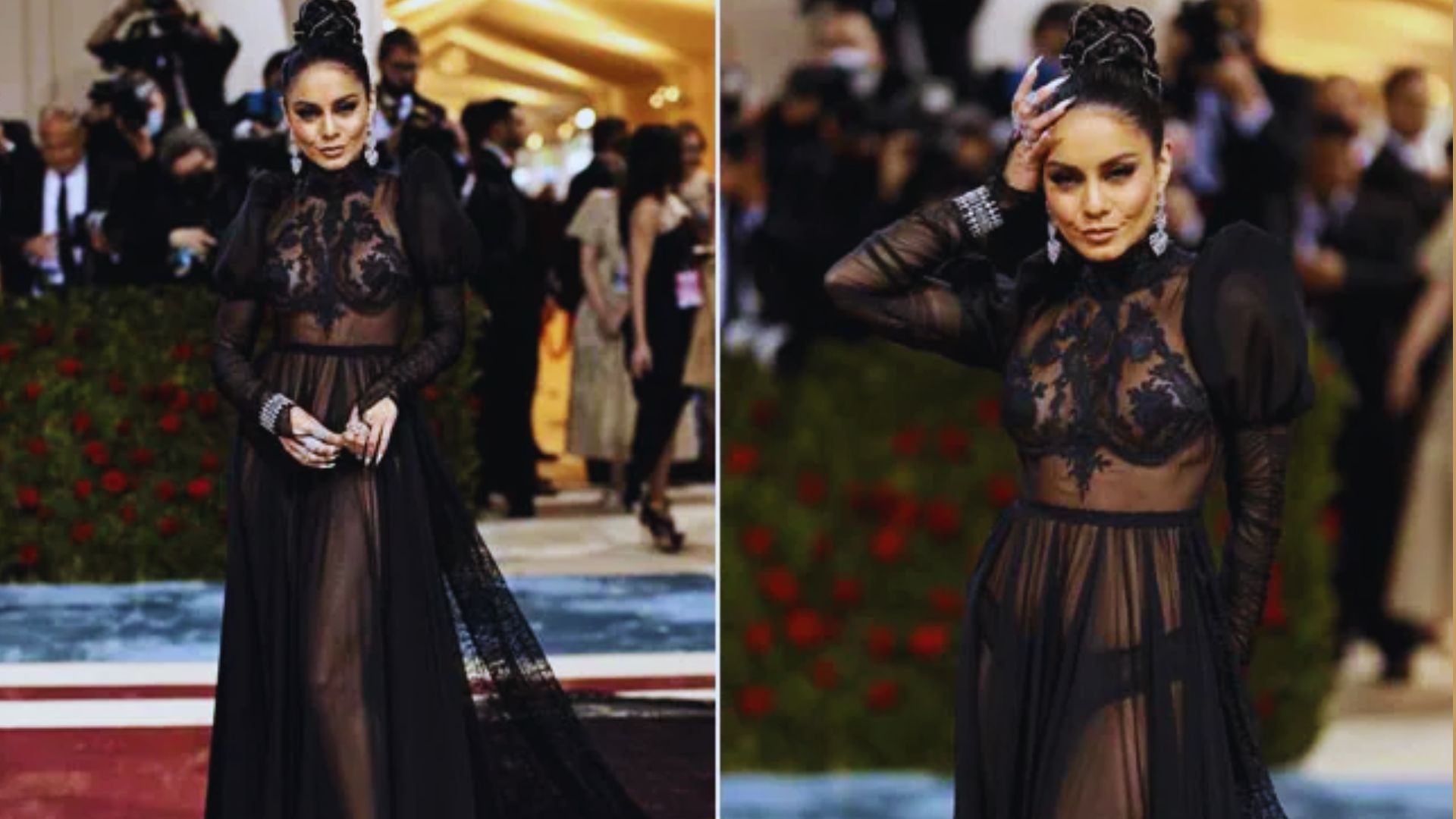 Two photos of Jennifer Lopez in stunning sheer black dresses, emphasizing her glamorous look and fashion choices.