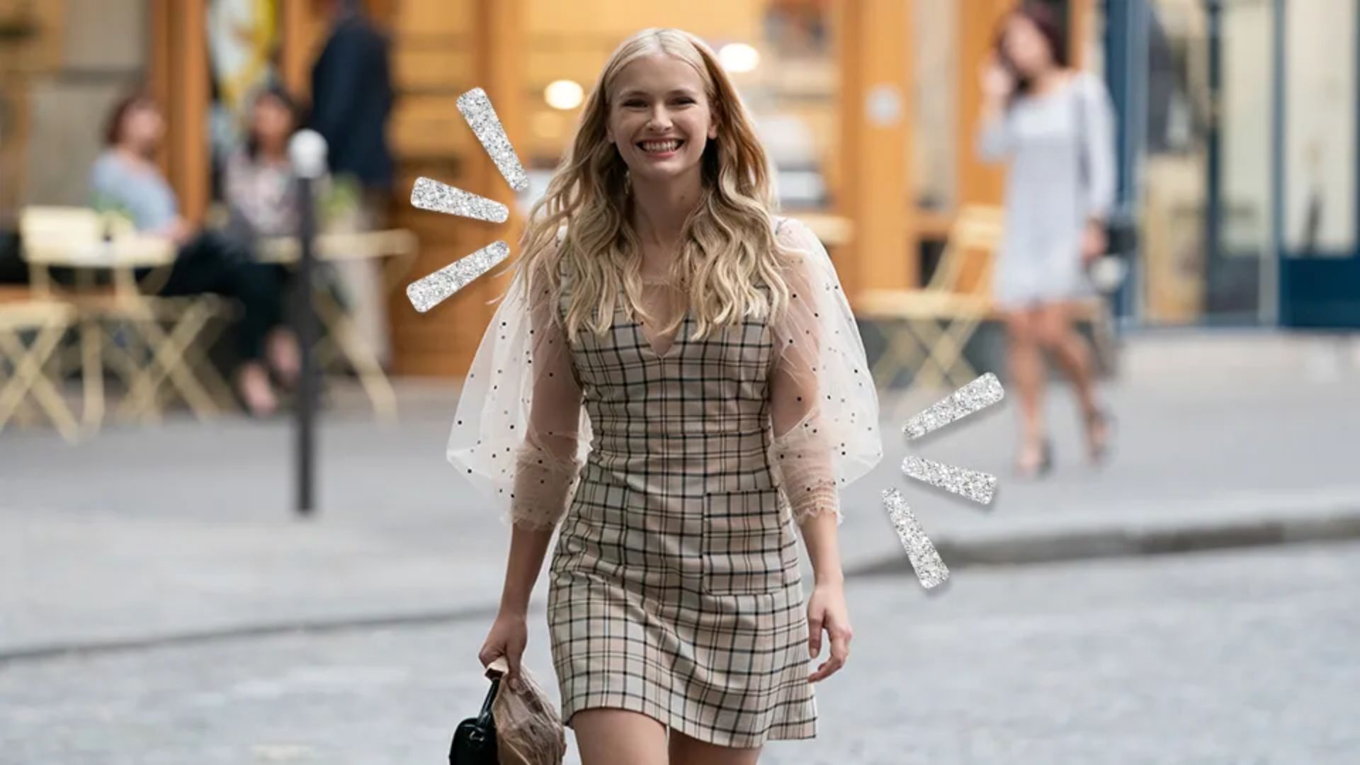 1. A woman in a plaid dress strolls down the street, surrounded by urban scenery.