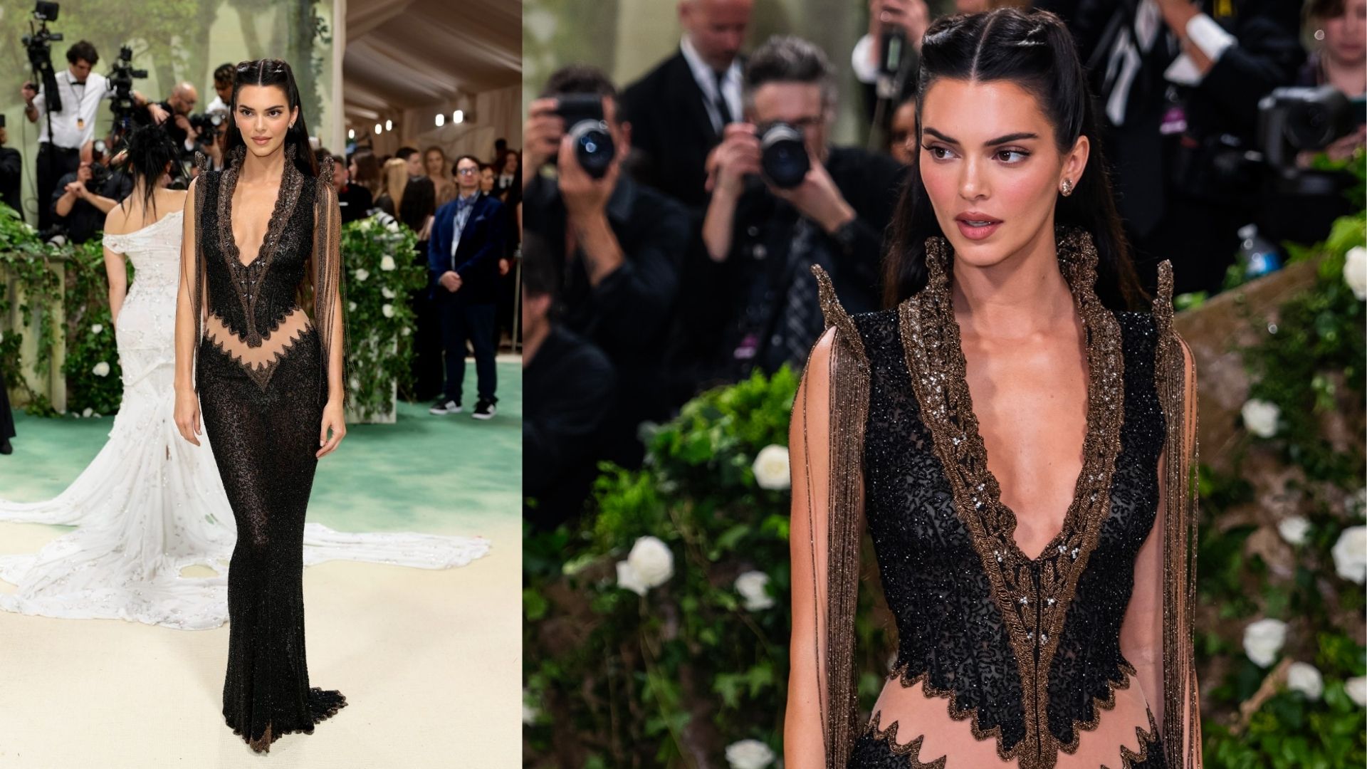 Kendall Jenner in a vintage black Met Gala gown featuring a sheer top, showcasing elegance and high fashion.