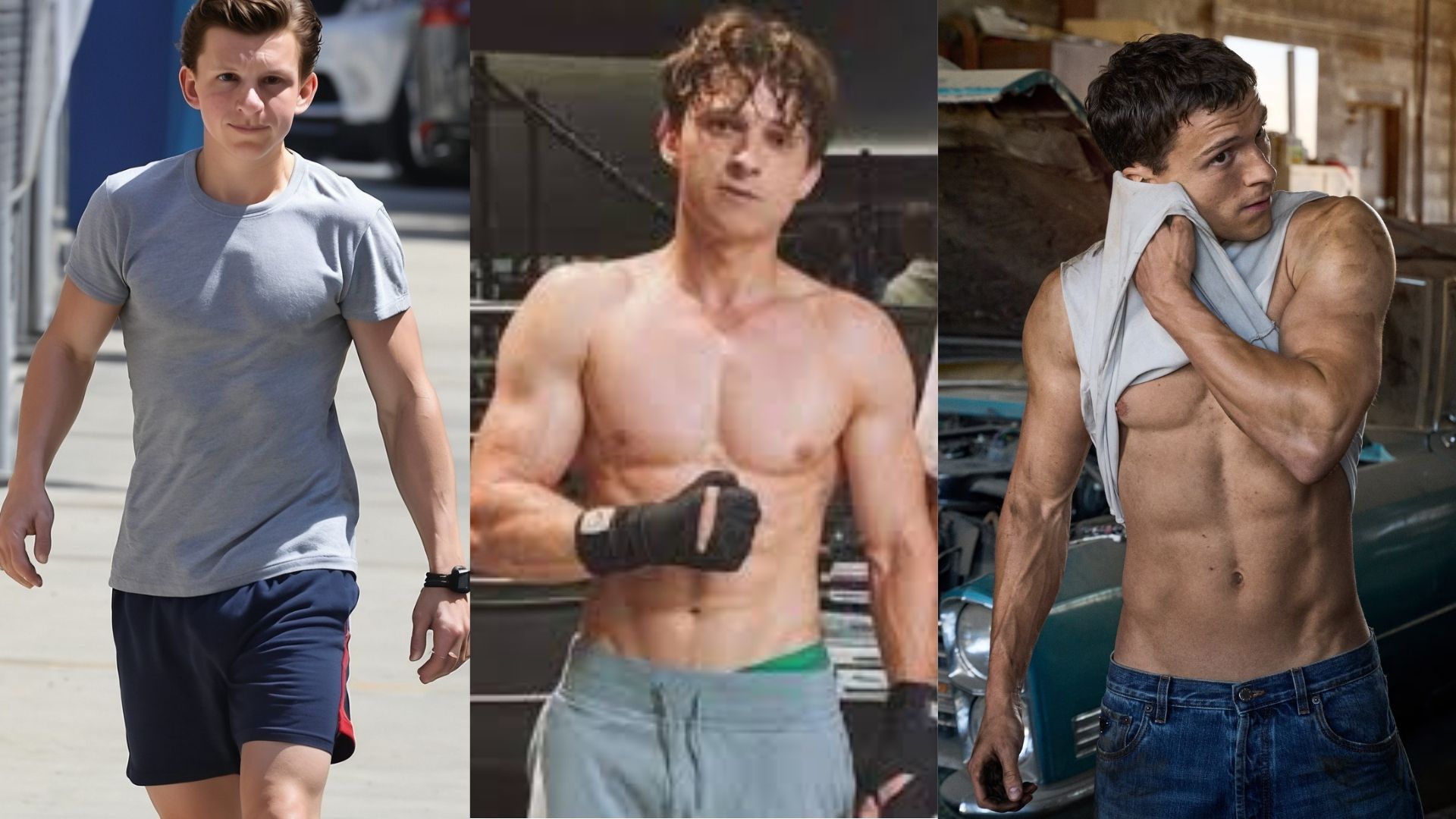 Three images of a man showcasing a shirtless athleisure gym look, highlighting his fitness and style.
