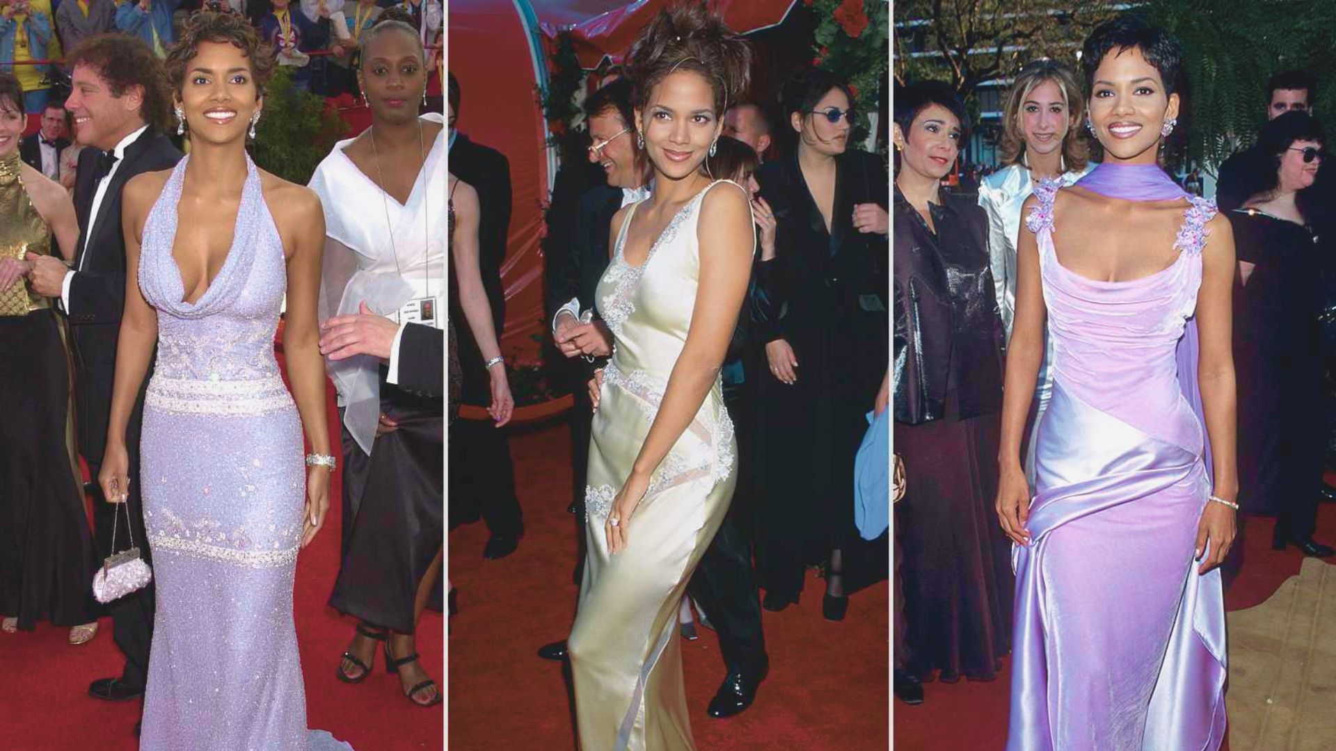 Four images of women in elegant dresses showcasing key style elements from Halle Berry's red carpet outfits at an event.