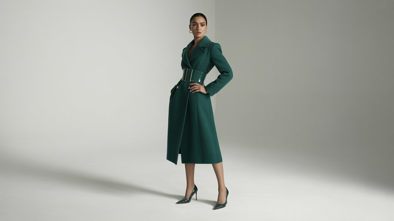 A woman in a green coat and heels, showcasing a stylish monochrome power dressing look.