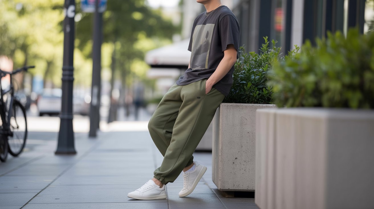 A man in a t-shirt and green pants leans against a wall, showcasing a casual Adam Sandler-inspired outfit.