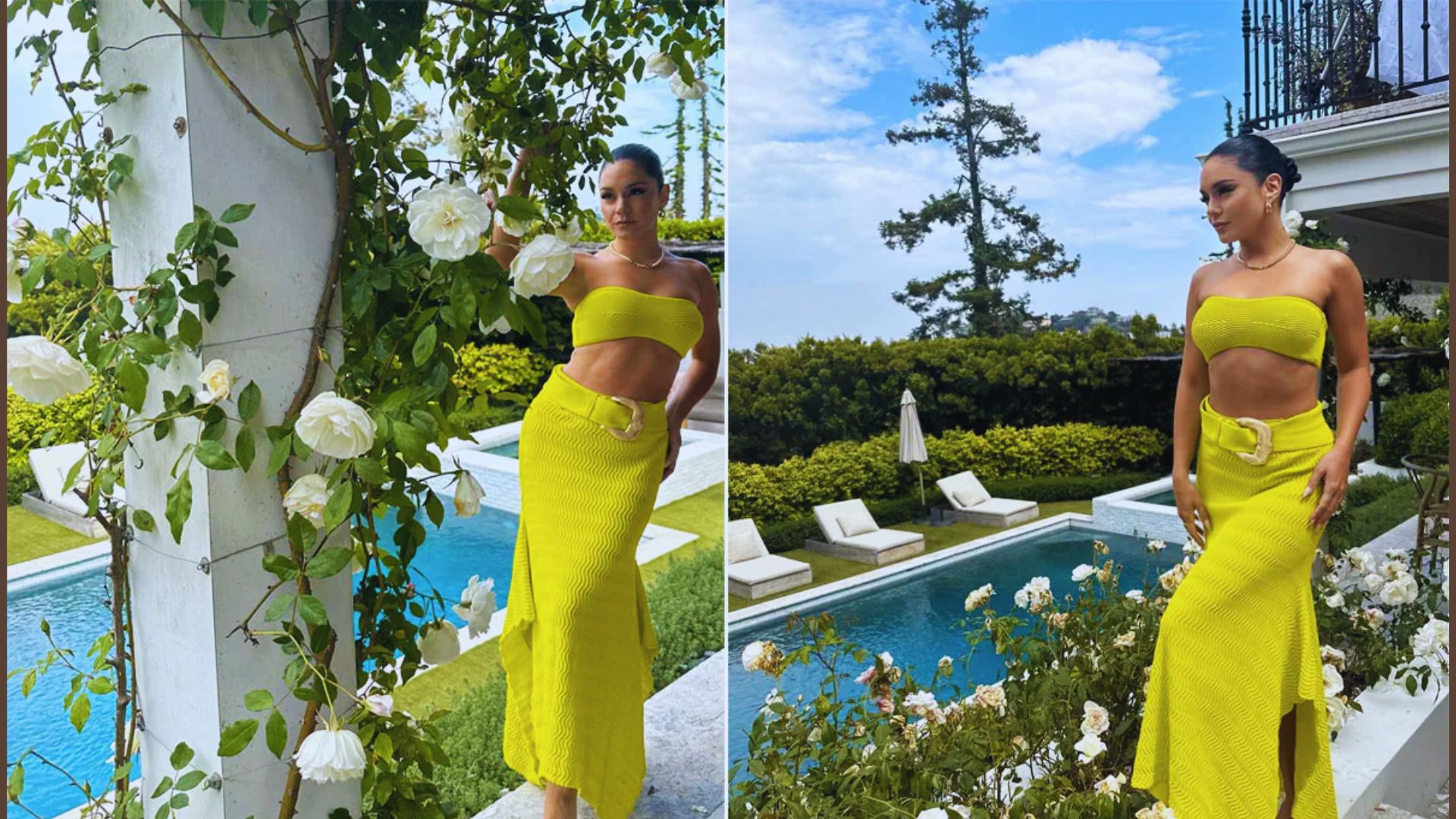 Two women in yellow dresses stand by a pool, enjoying the sunny day and each other's company.