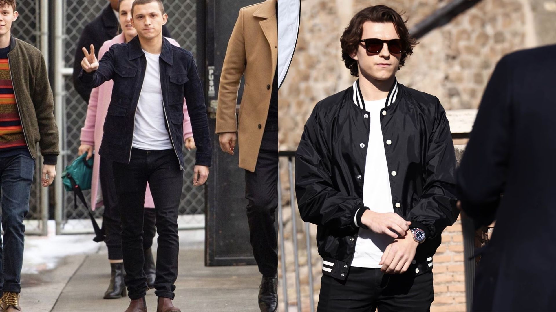 Two men in black bomber jackets and one man in a white shirt, showcasing a stylish streetwear look.