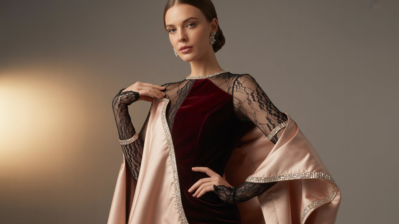 A woman wearing a pink dress and a black cape, showcasing a mix of textures for visual interest.
