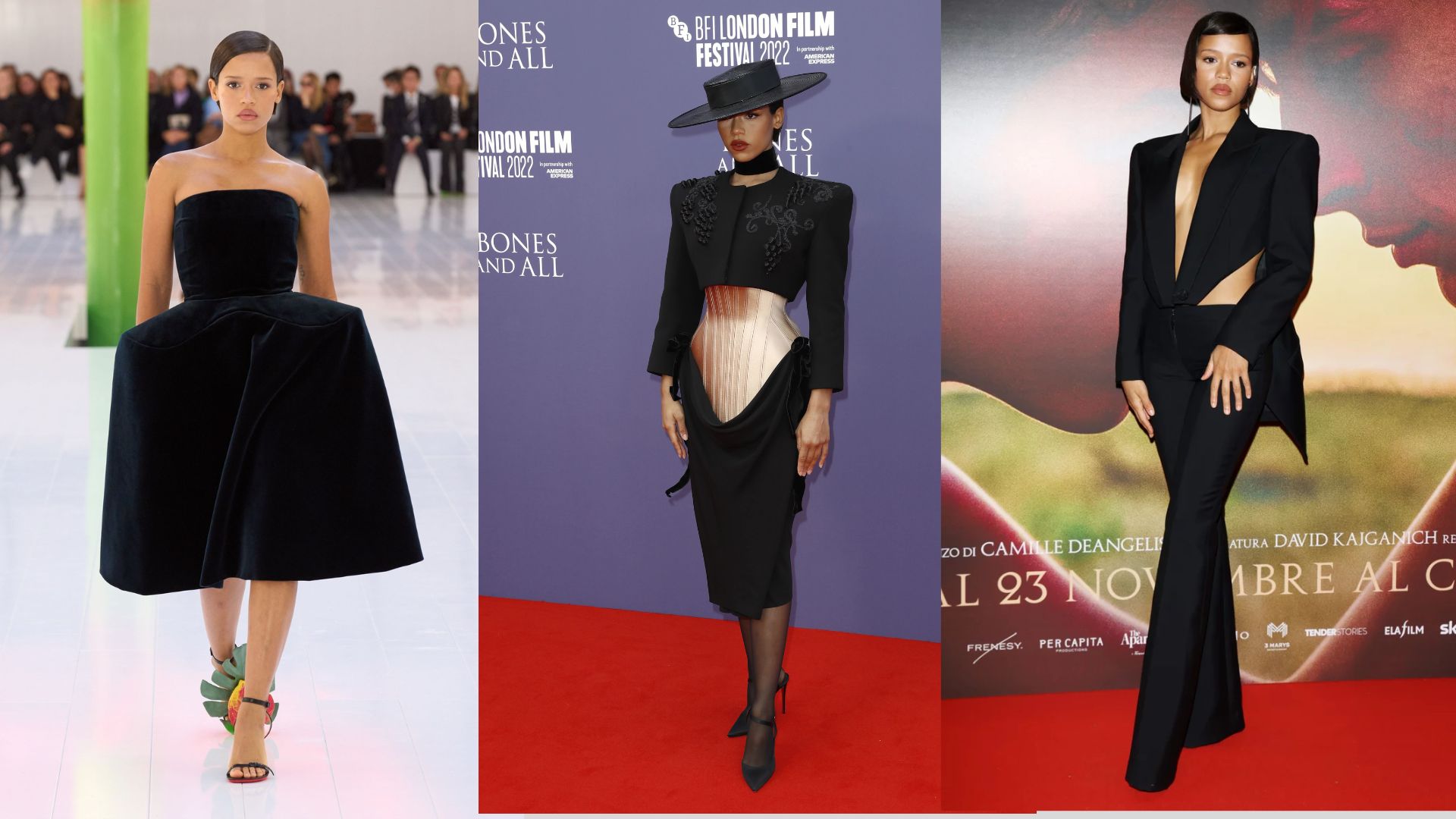 Four images of women showcasing various styles of black dresses in different poses and settings.