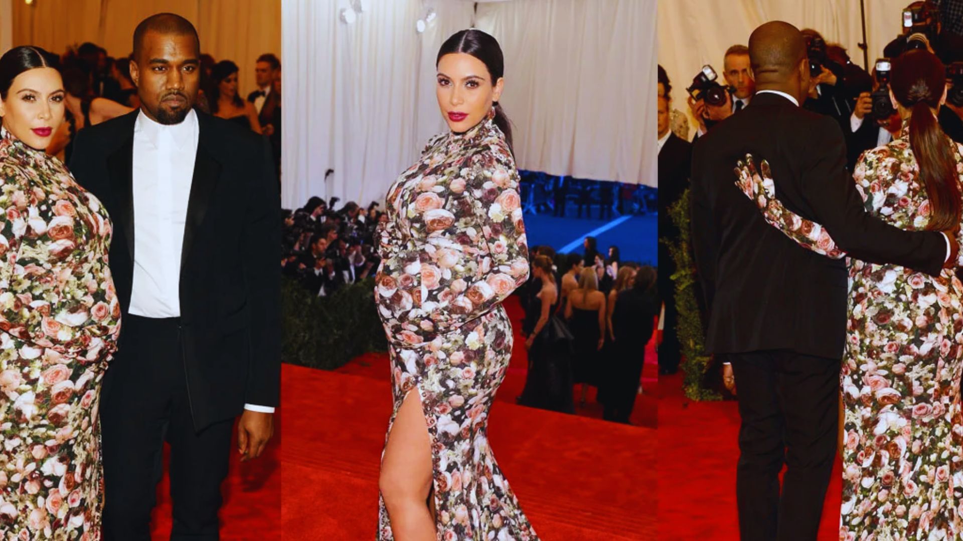 Kim Kardashian and Kanye West attending the Met Gala, dressed in high-fashion attire, smiling for the cameras.