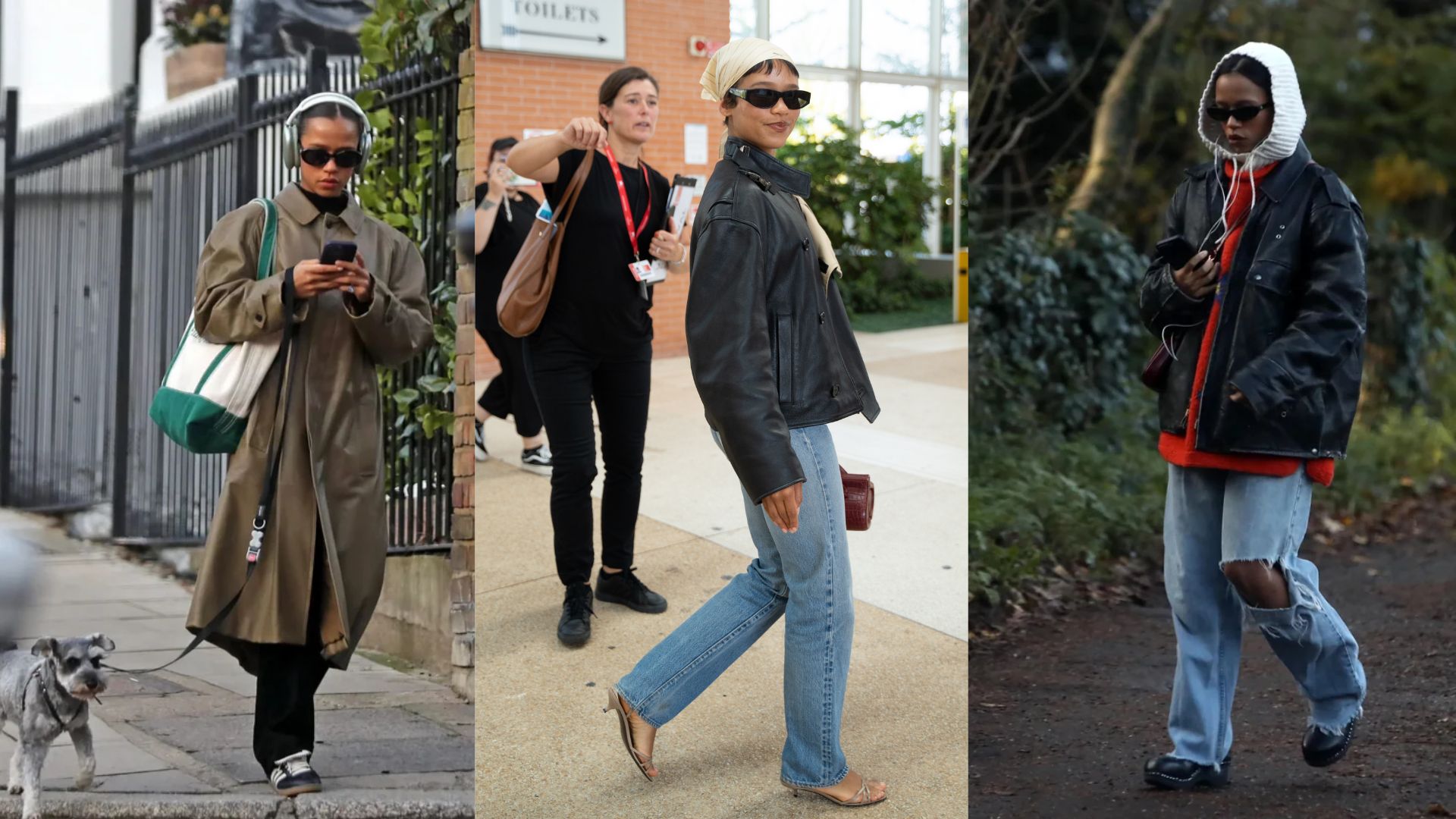Four images of women dressed in stylish coats and hats, showcasing various winter fashion looks.